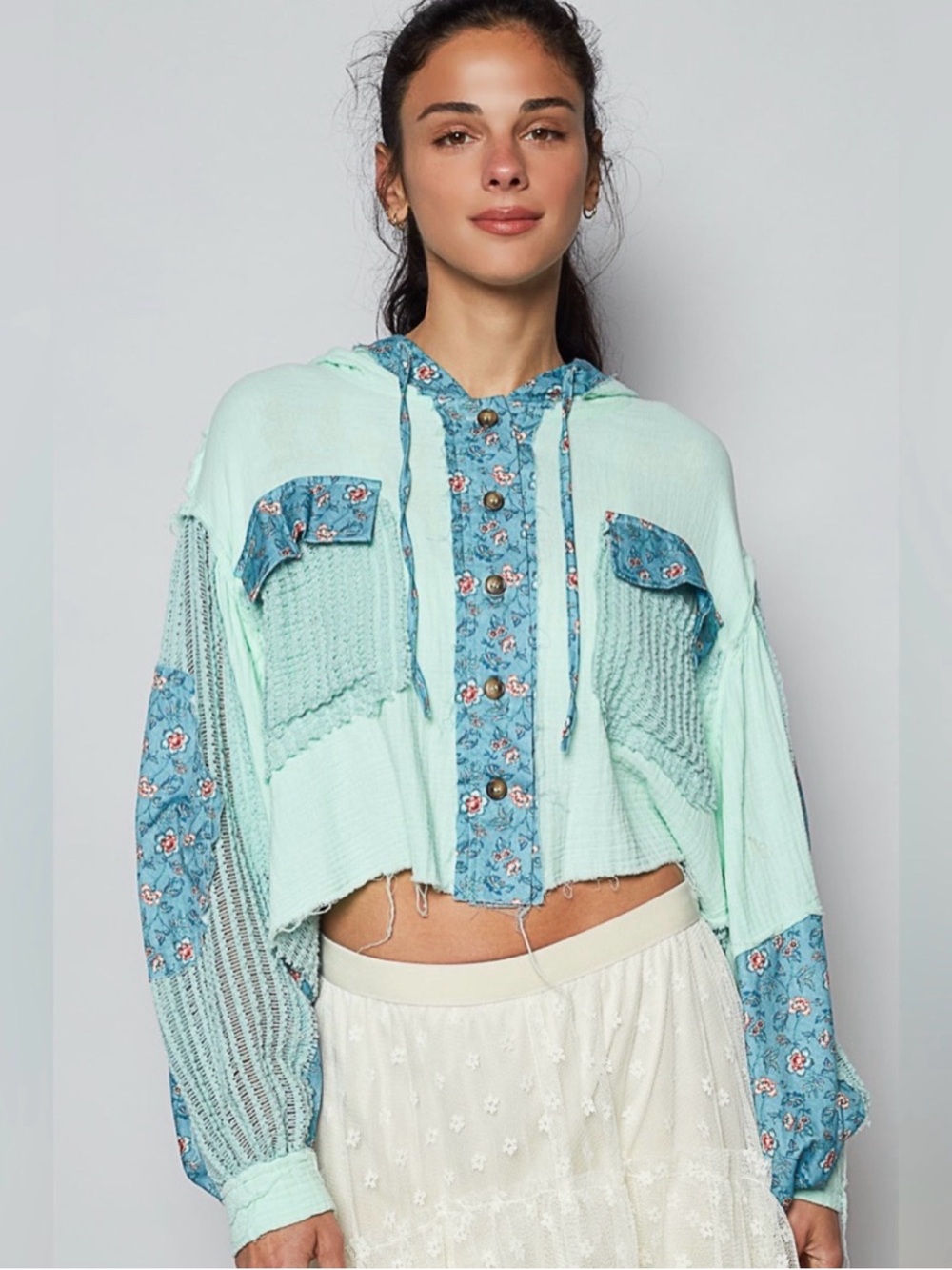 POL Mint Green Cropped Hoodie with Blue Floral Trim